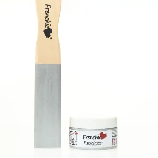 Frenchic Frensheen metallic powder in silver, shown with a sample stick painted in a reflective silver finish.