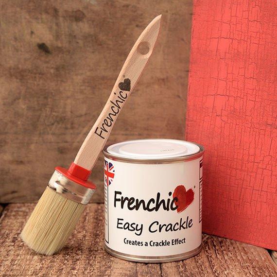 Frenchic Easy Crackle 250ml tin with paintbrush and red crackled painted board on rustic wooden surface