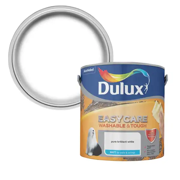 Dulux Easycare Washable & Tough Pure Brilliant White 2.5L paint tin with open lid showing matt white paint