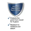 Mould resistant paint technology shield with text highlighting protection from mould and moisture for 5 years, suitable for bathroom walls.