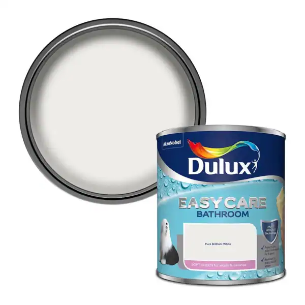 Dulux Easycare Bathroom moisture resistant paint can in Brilliant White with a matching lid, ideal for bathroom walls and ceilings.