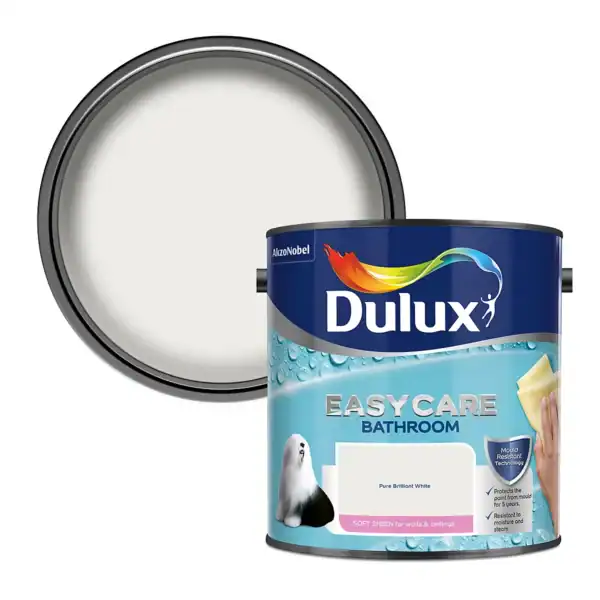 Dulux Easycare Bathroom Pure Brilliant White paint tin with soft sheen, suitable for bathroom walls and ceilings