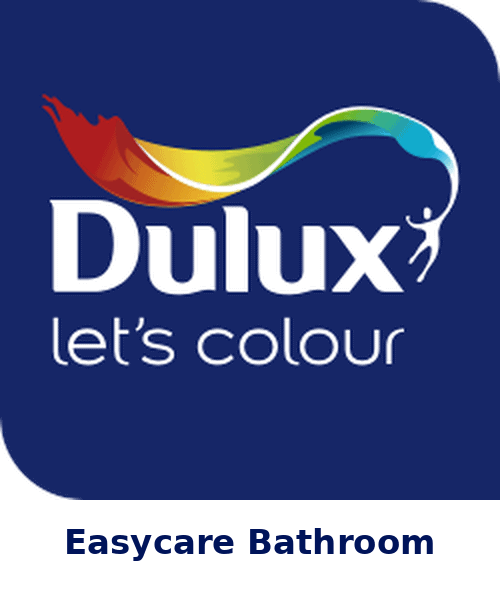 Dulux Easycare Bathroom Paint logo featuring a colourful brush stroke and a figure reaching for the paint, on a dark blue background.
