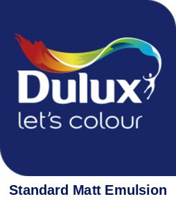 Dulux Standard Matt Emulsion Paint 2.5L container with colourful logo and branding for home decorating projects.