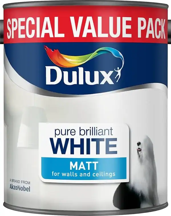 Dulux Matt Brilliant White tin – smooth emulsion paint for walls and ceilings.