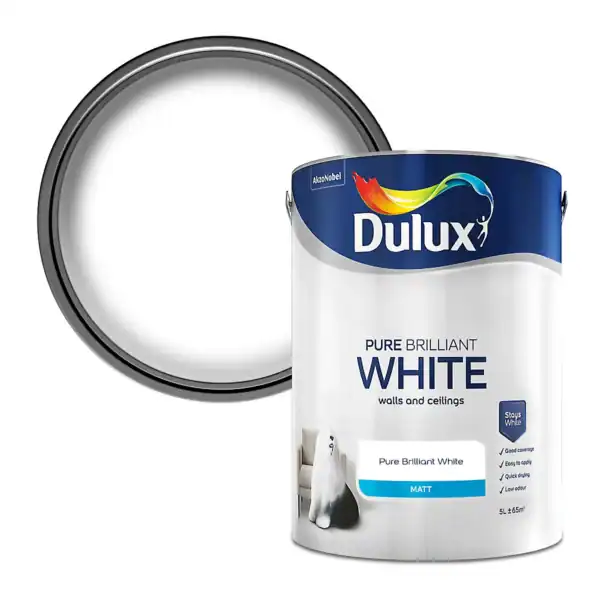Dulux Matt Brilliant White tin – smooth emulsion paint for walls and ceilings.