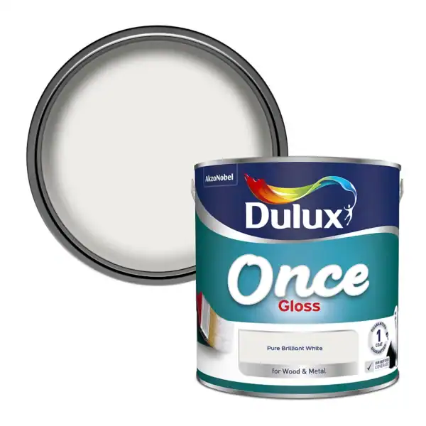 Dulux Once Gloss Pure Brilliant White tin with bold red and white label, ideal for wood and metal