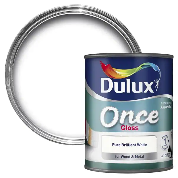 Dulux Once Gloss Pure Brilliant White paint can for wood and metal surfaces, ideal for home decorating projects.