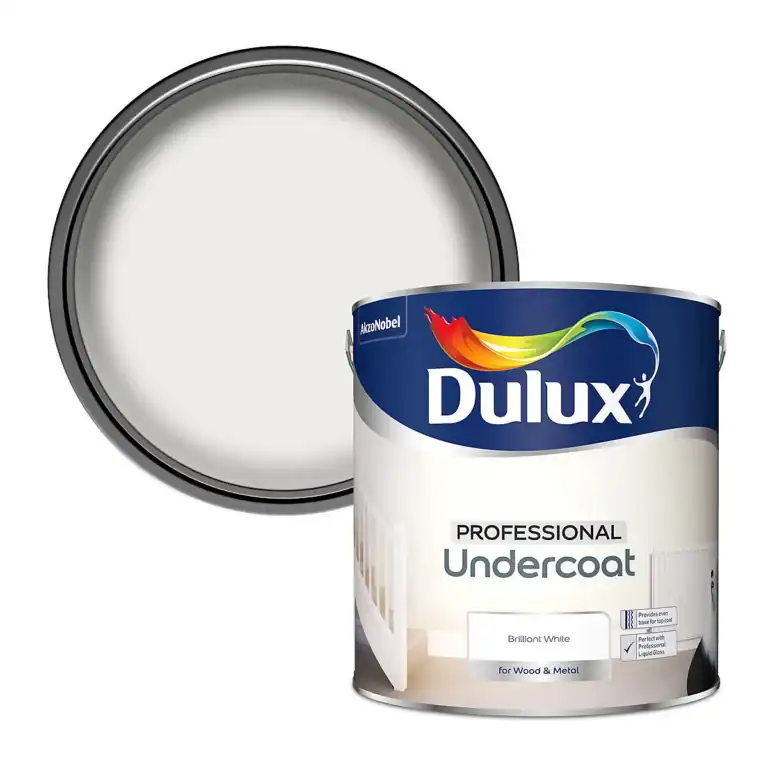Dulux Professional Undercoat Brilliant White tin with open lid, solvent-based basecoat for wood and metal