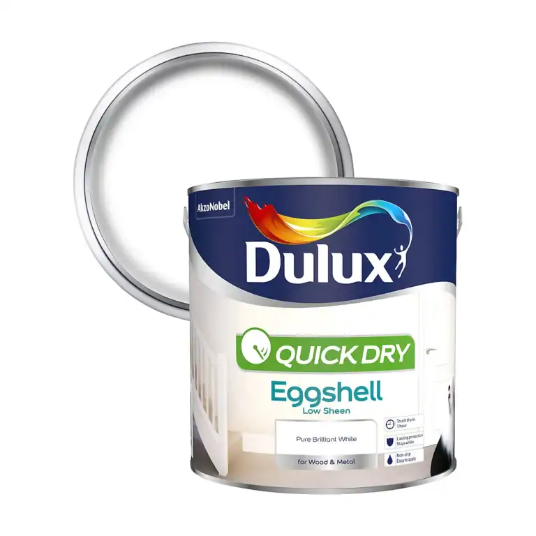 Dulux Quick Dry Eggshell Pure Brilliant White paint tin with open lid showing low-sheen finish for wood and metal