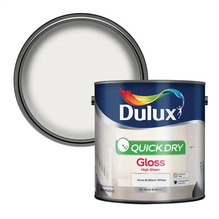 Dulux Quick Dry Gloss Pure Brilliant White paint tin with open lid showing high-sheen white gloss finish for wood and metal