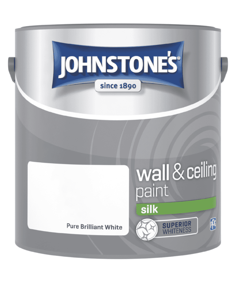Johnstone's Pure Brilliant White Silk Emulsion paint for walls and ceilings, ideal for home decorating projects.