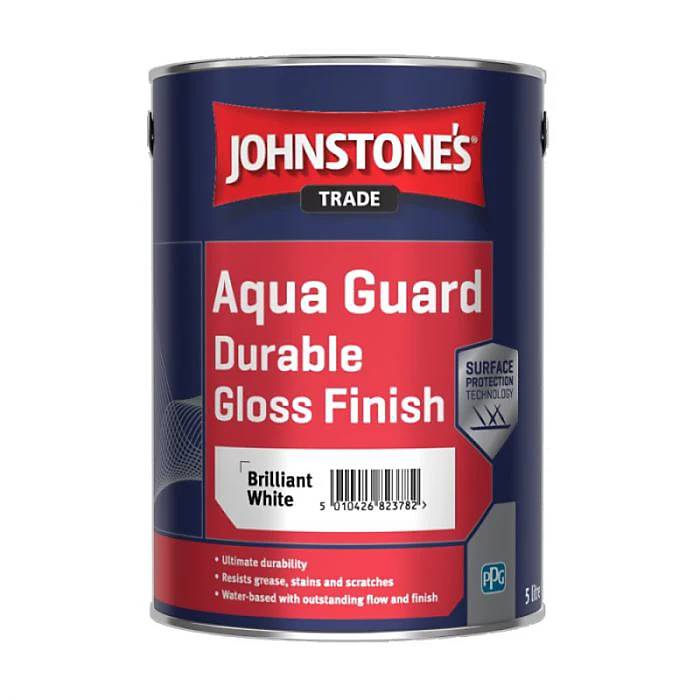 Johnstone’s Aqua Guard Gloss Finish Brilliant White Paint Tin – 5L