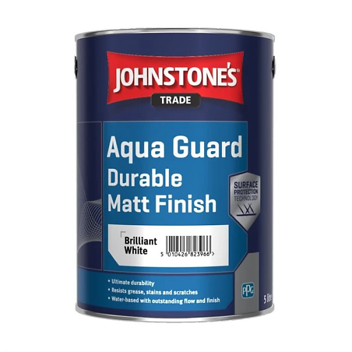 Johnstone's Trade Aqua Guard Durable Matt Finish Brilliant White 5L – Water-Based Paint for Wood & Metal