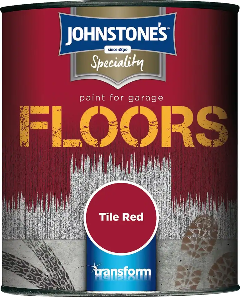 Johnstone's garage floor paint in Tile Red, ideal for durable, oil-resistant concrete floors, providing a professional finish for garage surfaces.