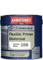 Johnstone's Trade Stormshield Flexible Primer Undercoat Brilliant White tin – solvent-based undercoat for exterior wood and metal