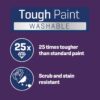 Stringers Tough Washable Paint label highlighting durability, stain resistance, and ease of cleaning for walls, wood, and metal.