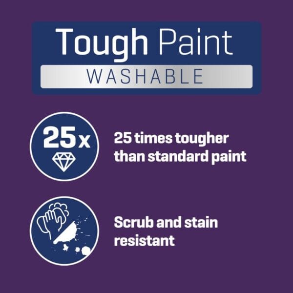 Stringers Tough Washable Paint label highlighting durability, stain resistance, and ease of cleaning for walls, wood, and metal.