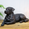 Decorative black dog sculpture lying on a wooden surface with a green fern plant nearby.