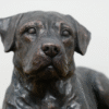 Close-up of a detailed bronze sculpture of a laying dog, showcasing realistic features and craftsmanship.