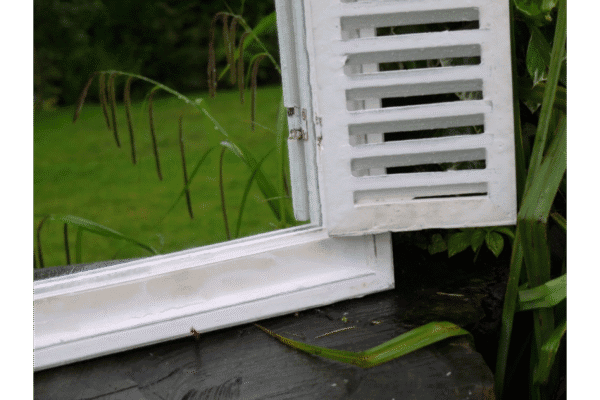 Close-up of a white shutter mirror with a louvered design, installed on a window frame in a garden setting.
