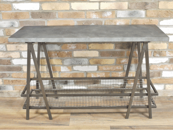 Industrial console table with metal frame and wire shelf, ideal for home decor and storage solutions.