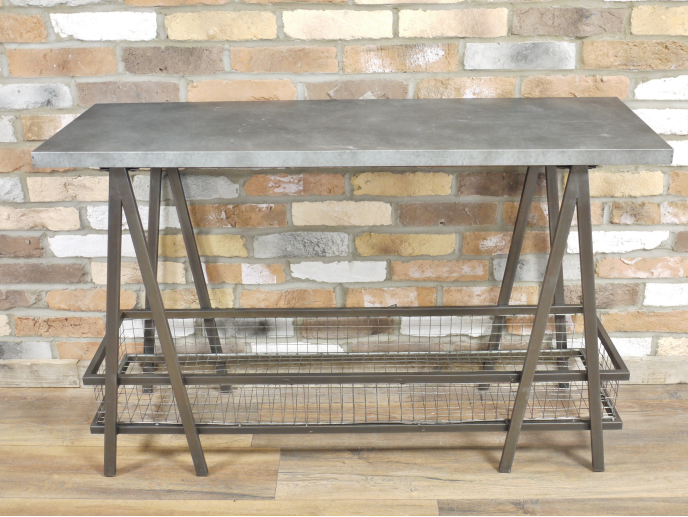 Industrial console table with metal frame and wire shelf, ideal for home decor and storage solutions.