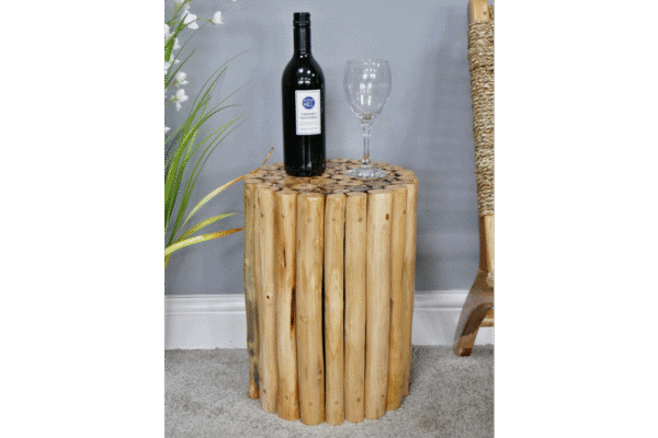 Rustic wooden side table made from natural logs, ideal for home decor and living room accents.