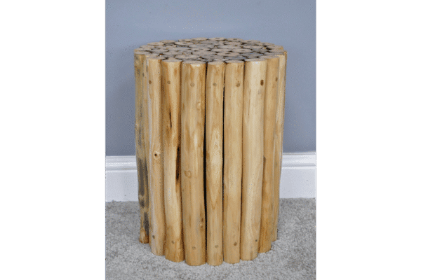 Rustic wooden side table made from vertically arranged natural logs, ideal for home decor and living room accents.
