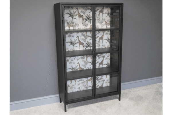 Industrial Safari Display Cabinet with glass doors and tropical-themed wallpaper background, ideal for home decor and display purposes.