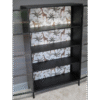 Industrial Safari Display Cabinet with black metal frame and patterned back panel featuring safari animals and foliage.