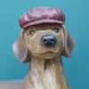 Decorative dog figurine wearing a textured red cap, set against a teal background, showcasing craftsmanship and artistic detail.