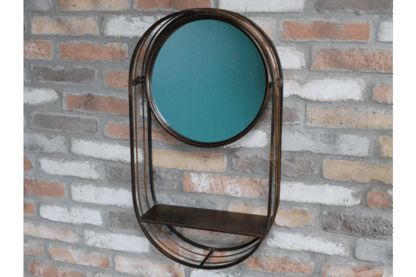 Industrial wall shelf unit with a round mirror and a small shelf, mounted on a brick wall, ideal for home decor and storage.