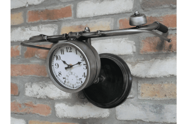 Handlebar bike clock with vintage design mounted on a brick wall, featuring a black round face and metal handlebars for a unique home decor piece.