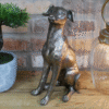 Gold metallic sitting dog sculpture on wooden surface with potted plant and lantern in background.