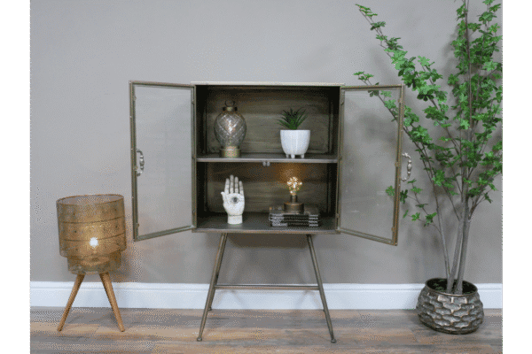 Industrial display cabinet with two glass doors, showcasing decorative items and plants, ideal for home or retail decor from Stringers Home Decorating Centre.