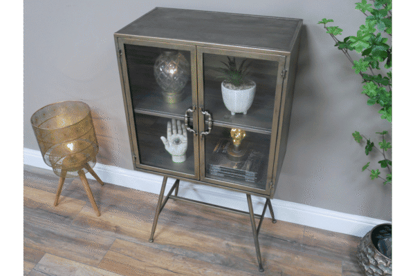 Industrial display cabinet with two glass shelves and metal frame, ideal for home decor and showcasing collectibles.