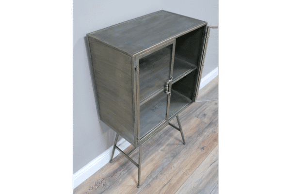 Industrial display cabinet with two glass shelves and metal frame, ideal for showcasing items in a modern home or retail setting.