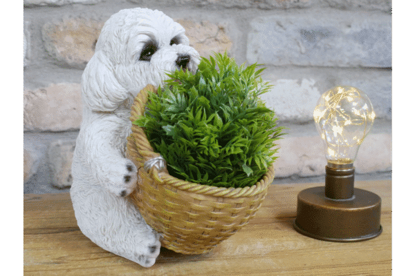 Decorative puppy figurine holding a green plant in a wicker basket on a wooden surface with a vintage-style lamp nearby.