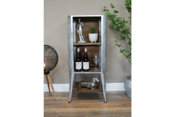 Industrial galvanised and wood shelf unit with decorative items and bottles, ideal for home decorating.
