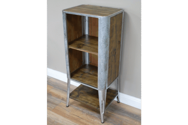 Industrial galvanised and wood shelf unit from Stringers Home Decorating Centre, featuring a metal frame and wooden shelves for versatile storage.