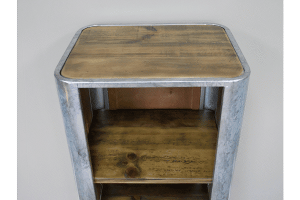 Industrial galvanised and wood shelf unit with a rustic finish, ideal for home decorating and storage solutions.