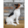 Sitting Jack Russell dog figurine against a brick wall, showcasing its white coat with black and brown markings.