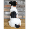 Sitting Jack Russell dog with black, white, and tan markings facing a brick wall.