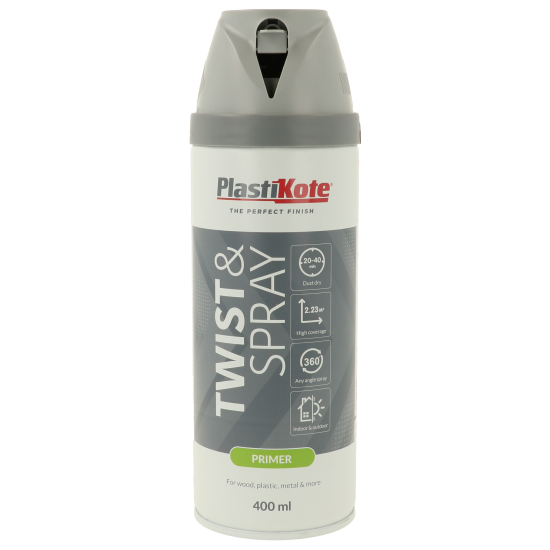 PlastiKote Premium Twist & Lock Spray Paint Primer 400ml grey – multi-surface adhesion basecoat.