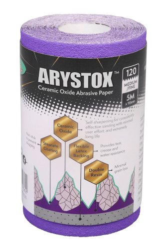 Arystox Ceramic Pro Sanding Paper Roll 5m in purple with black label, featuring product details and benefits for DIY decorating projects.