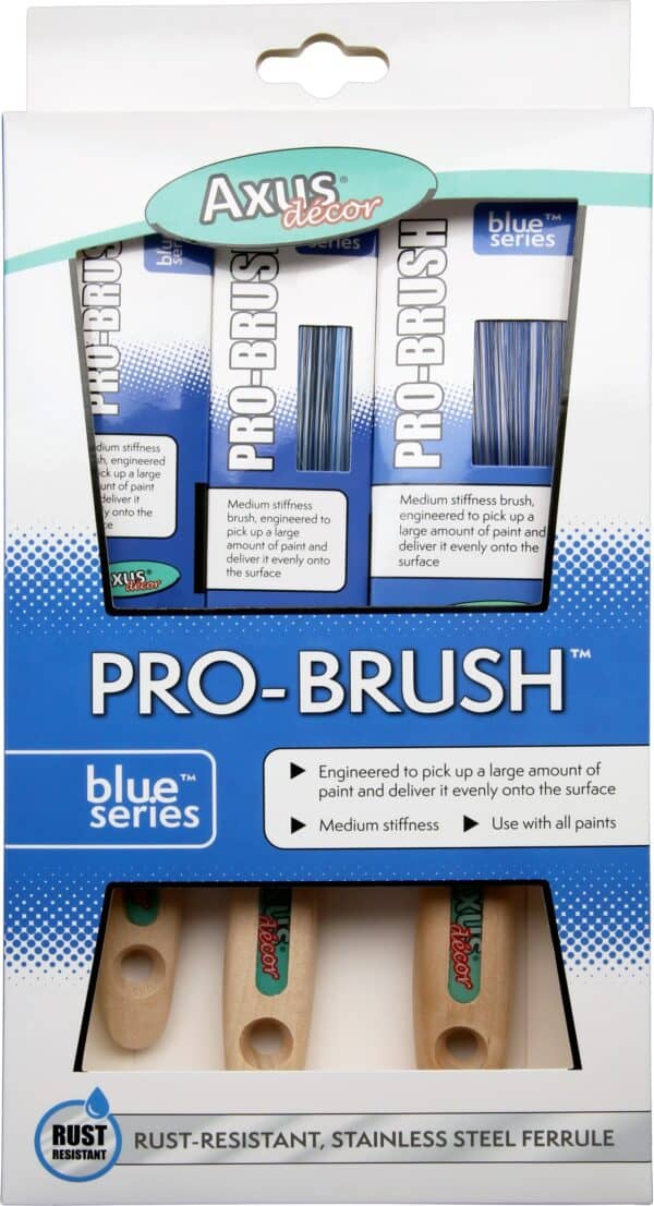 Axus Décor Blue Series Pro Paint Brush set with stainless steel ferrules and rust-resistant design for smooth painting.