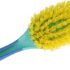 Axus Décor Blue Series Easy Reach Scrub Brush with long handle and stiff bristles. Close-up of brush head.