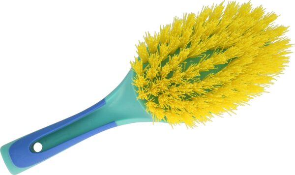 Axus Décor Blue Series Easy Reach Scrub Brush with long handle and stiff bristles. Close-up of brush head.