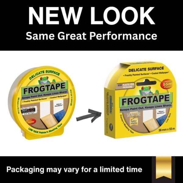 FrogTape Delicate Surface old dispenser packaging next to new box packaging.